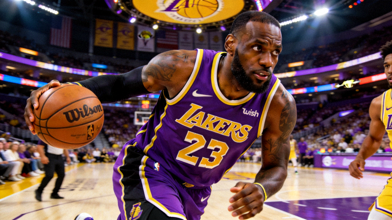 NBA总决赛现场，湖人队球员勒布朗·詹姆斯持球突破